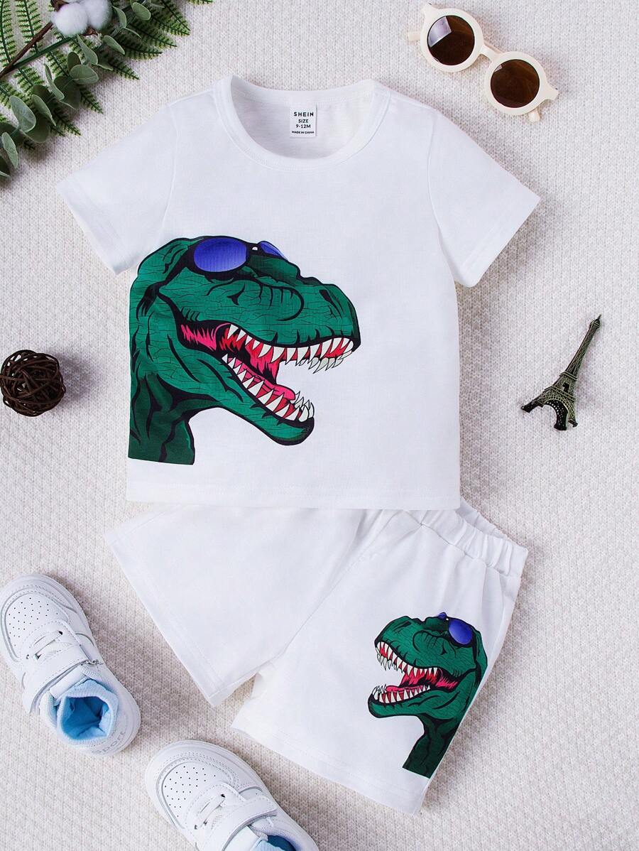 Bebé niño Conjunto shorts con camiseta con estampado de dinosaurio - Blanco - Ver 1