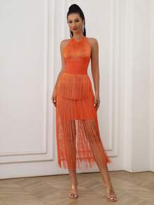 Modphy 流蘇下擺繞頸緊身連衣裙 - 橘色 - 查看 4