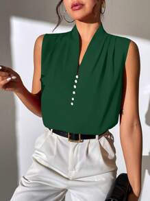 SHEIN Clasi Camisa sin manga unicolor con botón delantero - Verde Oscuro - Ver 6