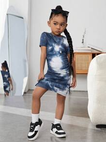 SHEIN 小女童紮染抽繩側收褶連衣裙