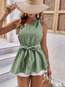 SHEIN VCAY Blusa de un hombro con cinturón - verde menta - Ver 1