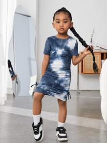 SHEIN 小女童紮染抽繩側收褶連衣裙