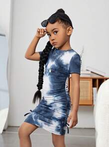 SHEIN 小女童紮染抽繩側收褶連衣裙