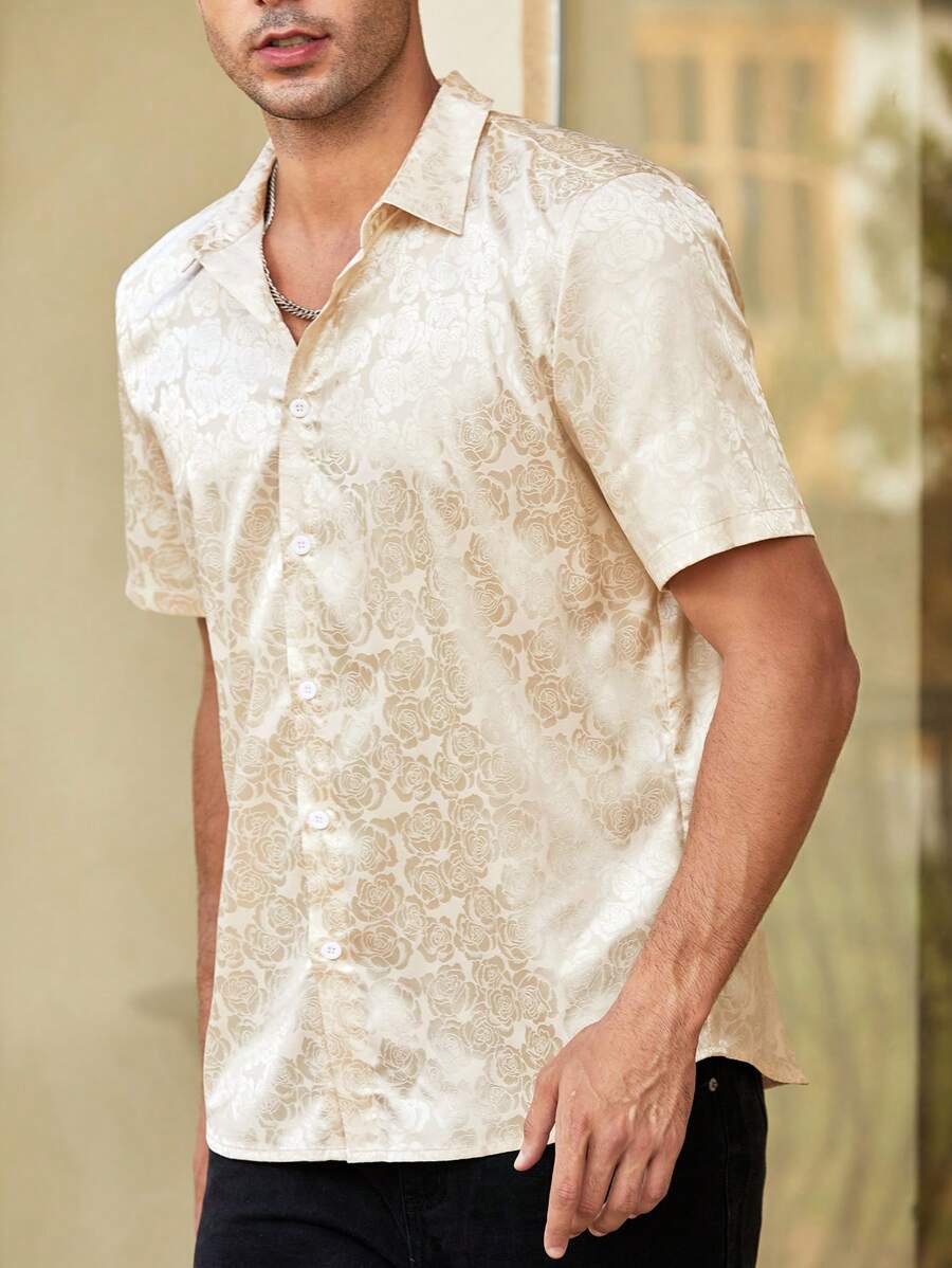 Manfinity Homme 男士提花前排扣襯衫 - 金色 - 查看 1