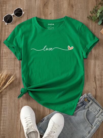 INAWLY 心形和字母图案 T 恤 图案 T 恤 女式上衣