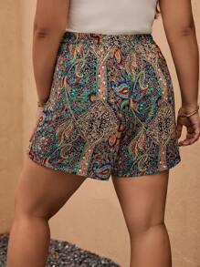SHEIN VCAY Plus Paisley Print Belted Shorts - Multicolor - View 3