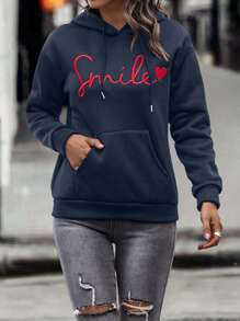 SHEIN LUNE Bluza z kapturem, kieszenią kangurkową, ściągaczem i haftem w kształcie litery i serca, z długimi rękawami