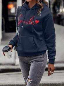 SHEIN LUNE Bluza z kapturem, kieszenią kangurkową, ściągaczem i haftem w kształcie litery i serca, z długimi rękawami
