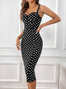 SHEIN Privé Polka Dot Print Bustier Cami Dress,Polka Dot Dress - Black and White - View 3