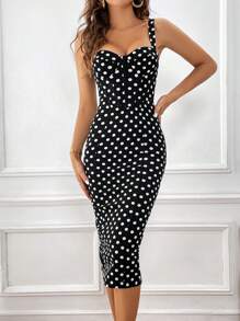 SHEIN Privé Polka Dot Print Bustier Cami Dress,Polka Dot Dress - Black and White - View 4