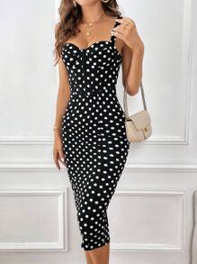 SHEIN Privé Polka Dot Print Bustier Cami Dress,Polka Dot Dress - Black and White - View 5