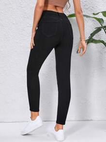 SHEIN Essnce Quần jean nữ Nút Túi Dây kéo màu trơn - màu đen - Xem 1