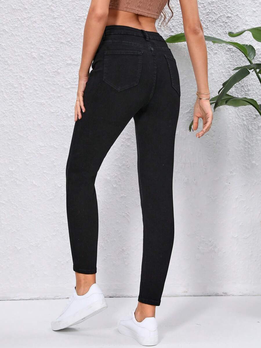 SHEIN Essnce Quần jean nữ Nút Túi Dây kéo màu trơn - màu đen - Xem 1