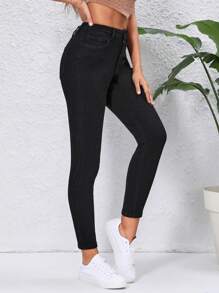 SHEIN Essnce Quần jean nữ Nút Túi Dây kéo màu trơn - màu đen - Xem 2