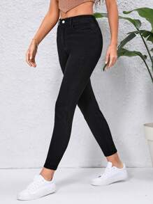 SHEIN Essnce Quần jean nữ Nút Túi Dây kéo màu trơn - màu đen - Xem 4