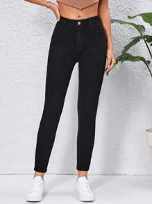 SHEIN Essnce Quần jean nữ Nút Túi Dây kéo màu trơn - màu đen - Xem 5