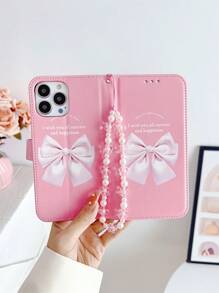 Peach Large Bow Faux Pearl Decor Wristband Case Compatible With IPhone 16, IPhone 16 Pro, IPhone 16 Plus, IPhone 16 Pro Max, Galaxy S25 Ultra, Galaxy S24 Ultra 5G
