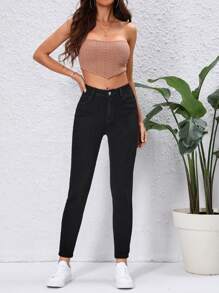 SHEIN Essnce Quần jean nữ Nút Túi Dây kéo màu trơn - màu đen - Xem 6