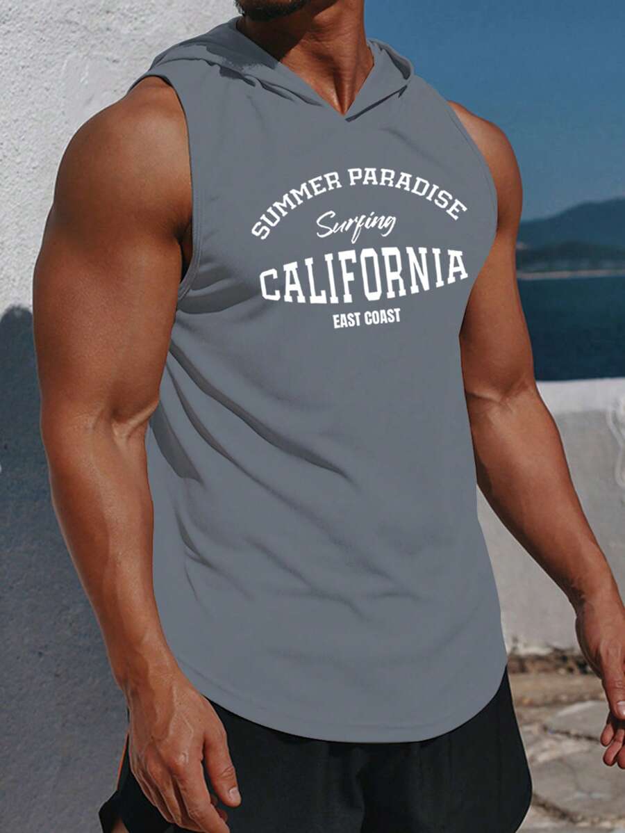 GymBeat Men Letter Graphic Hooded Sports Tank Top - Dark Grey - View 1