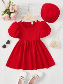 SHEIN 小女童泡泡袖方領連衣裙&帽 - 紅色 - 查看 1