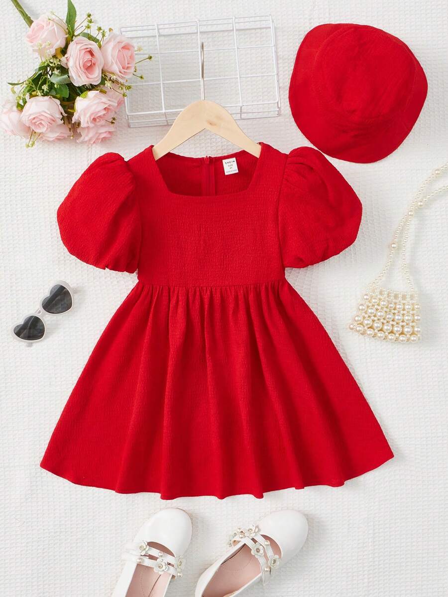SHEIN 小女童泡泡袖方領連衣裙&帽 - 紅色 - 查看 1