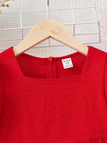 SHEIN 小女童泡泡袖方領連衣裙&帽 - 紅色 - 查看 5