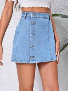 Váy denim nữ Túi Nút phía trước màu trơn - Rửa nhẹ - Xem 4