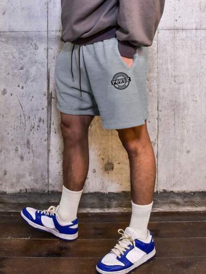 Street Sport 男士字母圖案腰部抽繩運動短褲