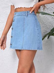 Váy denim nữ Túi Nút phía trước màu trơn - Rửa nhẹ - Xem 5