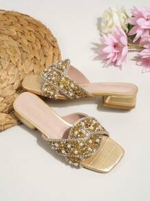 Sandalias de tacón para mujer a la moda, decoradas con perlas y cristales rhinestone de lujo, apropiadas para vacaciones, fiestas, con punta cuadrada, tacón ancho, sexy y encantador - Dorado - Ver 2