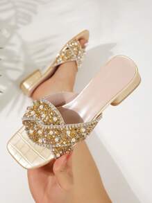 Sandalias de tacón para mujer a la moda, decoradas con perlas y cristales rhinestone de lujo, apropiadas para vacaciones, fiestas, con punta cuadrada, tacón ancho, sexy y encantador - Dorado - Ver 3