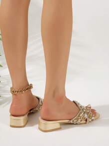 Sandalias de tacón para mujer a la moda, decoradas con perlas y cristales rhinestone de lujo, apropiadas para vacaciones, fiestas, con punta cuadrada, tacón ancho, sexy y encantador - Dorado - Ver 4