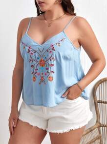 SHEIN VCAY 大碼花卉刺繡吊帶上衣 - 淺藍色 - 查看 1