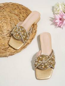 Sandalias de tacón para mujer a la moda, decoradas con perlas y cristales rhinestone de lujo, apropiadas para vacaciones, fiestas, con punta cuadrada, tacón ancho, sexy y encantador - Dorado - Ver 5