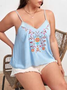 SHEIN VCAY 大碼花卉刺繡吊帶上衣 - 淺藍色 - 查看 4