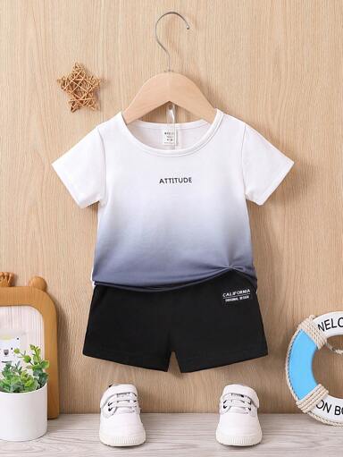 Baby Boy Letter Graphic Ombre Tee & Shorts Set