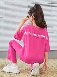 SHEIN 青少女口號圖形垂墜肩T恤和喇叭褲 - 玫紅色 - 查看 3