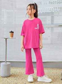 SHEIN 青少女口號圖形垂墜肩T恤和喇叭褲 - 玫紅色 - 查看 4
