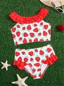 Young Girl Strawberry Print Ruffle Trim Bikini Set Summer Beach - Red and White - View 1