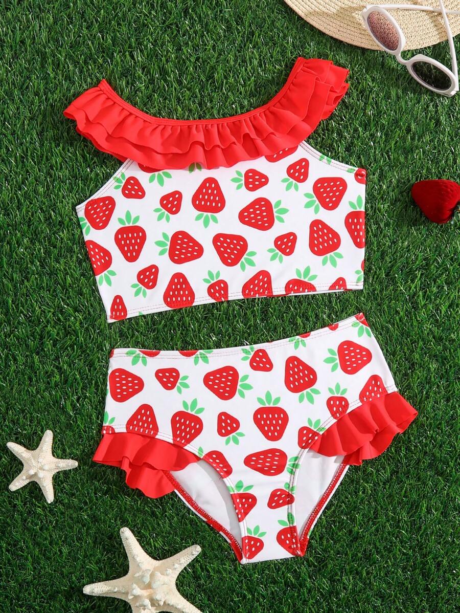Young Girl Strawberry Print Ruffle Trim Bikini Set Summer Beach - Red and White - View 1