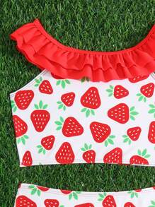 Young Girl Strawberry Print Ruffle Trim Bikini Set Summer Beach - Red and White - View 3