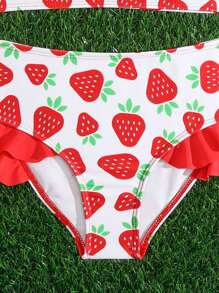 Young Girl Strawberry Print Ruffle Trim Bikini Set Summer Beach - Red and White - View 4