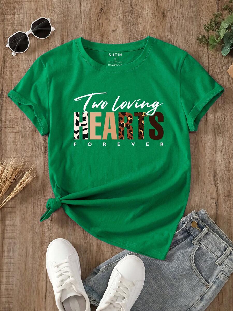 SHEIN LUNE Slogan Graphic Tee - Green - View 1