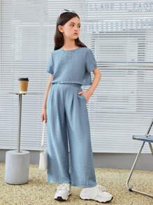 SHEIN 青少女寬鬆圓領上衣配彈性腰帶和口袋細節寬腳褲套裝,灰藍色 - 霧霾藍 - 查看 2