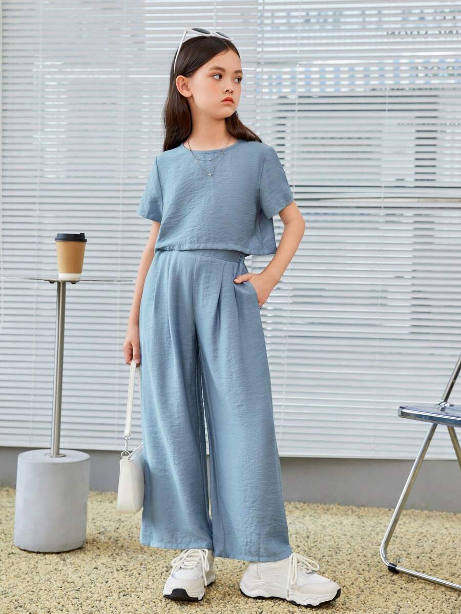SHEIN 青少女寬鬆圓領上衣配彈性腰帶和口袋細節寬腳褲套裝,灰藍色