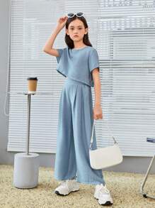 SHEIN 青少女寬鬆圓領上衣配彈性腰帶和口袋細節寬腳褲套裝,灰藍色 - 霧霾藍 - 查看 4