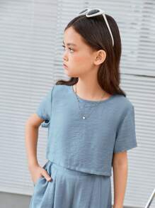 SHEIN 青少女寬鬆圓領上衣配彈性腰帶和口袋細節寬腳褲套裝,灰藍色 - 霧霾藍 - 查看 5