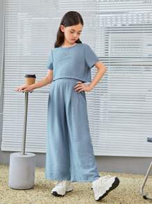 SHEIN 青少女寬鬆圓領上衣配彈性腰帶和口袋細節寬腳褲套裝,灰藍色 - 霧霾藍 - 查看 6