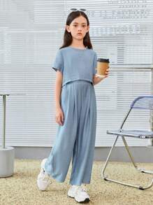 SHEIN 青少女寬鬆圓領上衣配彈性腰帶和口袋細節寬腳褲套裝,灰藍色 - 霧霾藍 - 查看 7