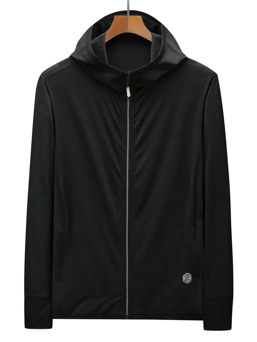 Manfinity Sport Corelite Men Letter Patched Detail Zip Up Hooded Sports Jacket Workout Tops - Black - View 1